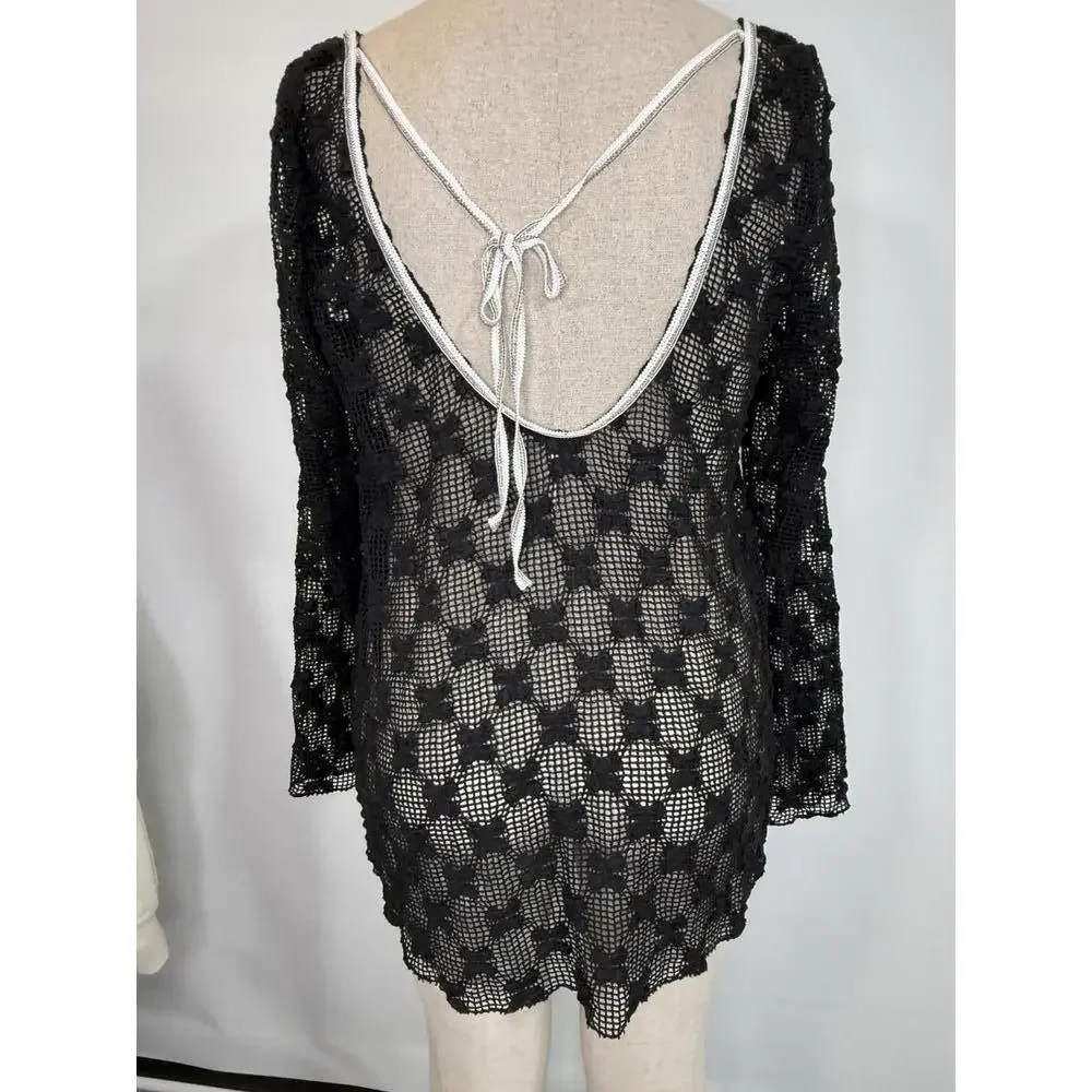 Free People Black Crochet Open-Back Long Sleeve Top with White Trim